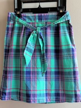Brooks Brothers Plaid Tie-Waist Cotton Skirt in Teal and Purple